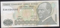 7.EMİSYON 1.TERTİP 10 LİRA A38 696666 ÇOK TEMİZ
