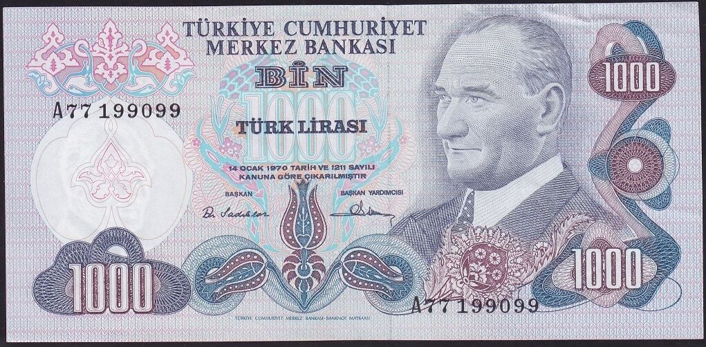 6.Emisyon 1.Tertip 1000 Lira A77 199099 Ççt Çilaltı