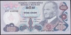 6.Emisyon 1.Tertip 1000 Lira A77 199099 Ççt Çilaltı