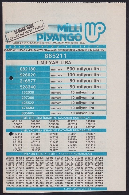 1989 19 OCAK PİYANGO LİSTESİ