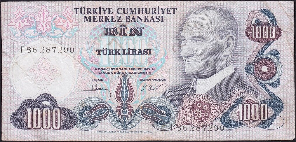 6.Emisyon 3.Tertip 1000 Lira F86 287290 Çok Temiz