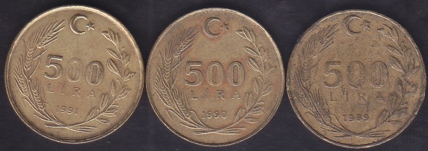 1989 - 1990 - 1991 YILI 500 LİRA  3'LÜ LOT