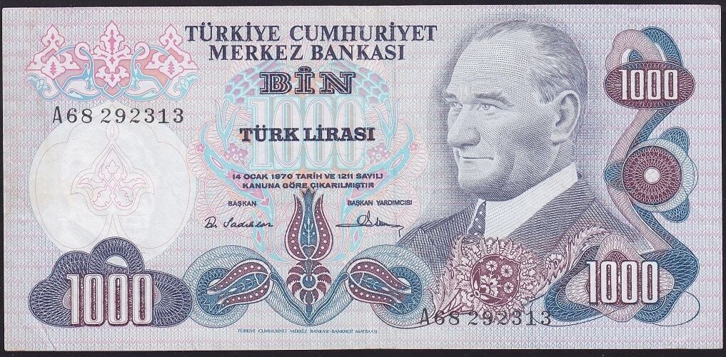 6.Emisyon 1.Tertip 1000 Lira A68 292313 Çok Temiz+