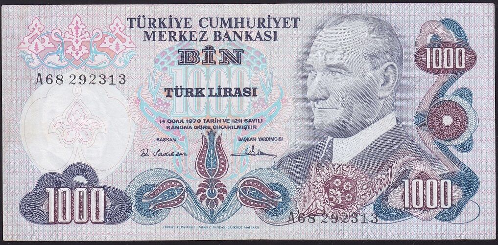 6.Emisyon 1.Tertip 1000 Lira A68 292313 Çok Temiz+