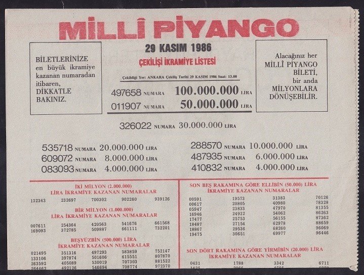 1986 29 KASIM PİYANGO LİSTESİ