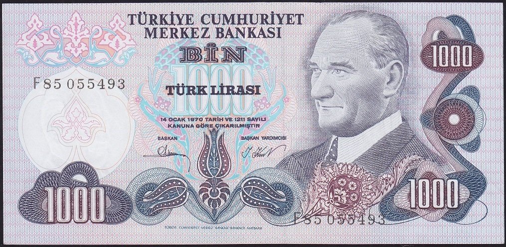 6.Emisyon 3.Tertip 1000 Lira F85 055493 Ççt