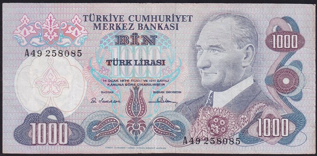 6.Emisyon 1.Tertip 1000 Lira A49 258085 Çok Temiz+