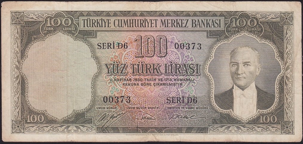 5.Emisyon 1.Tertip 100 Lira D6 00373 Çok Temiz