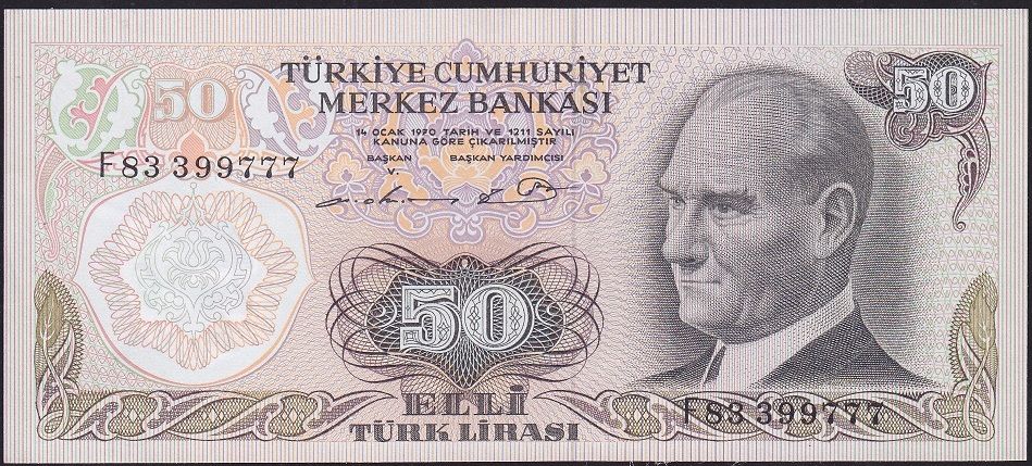 6.Emisyon 1.Tertip 50 Lira F83 399777 Çilaltı