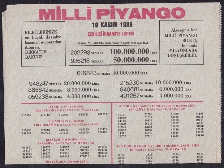 1986 19 KASIM PİYANGO LİSTESİ