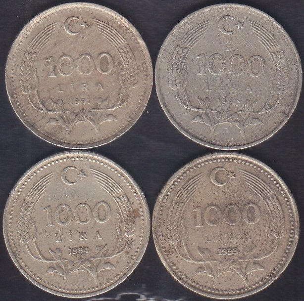 1990 - 1991 - 1993 - 1994 YILI 1000 LİRA 4'LÜ LOT
