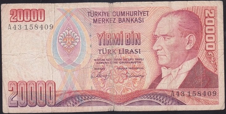 7.EMİSYON 1.TERTİP 20000 LİRA A43 158409 TEMİZ