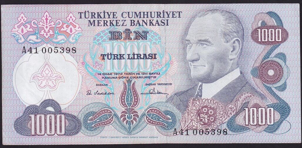 6.Emisyon 1.Tertip 1000 Lira A41 005398 Çok Çok Temiz+