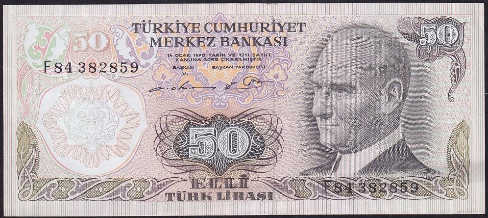6.Emisyon 1.Tertip 50 Lira F84 382859 Çok Çok Temiz+