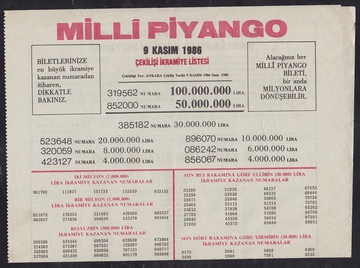 1986 9 KASIM PİYANGO LİSTESİ