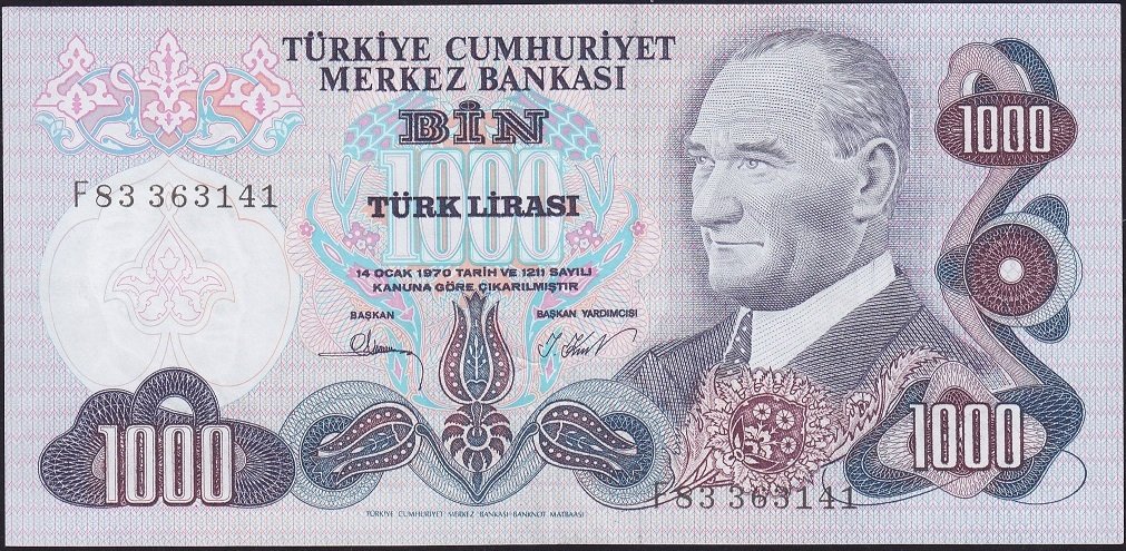 6.Emisyon 3.Tertip 1000 Lira F83 363141 Ççt Çilaltı