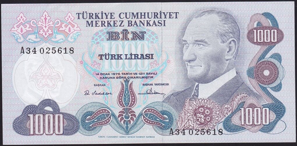 6.Emisyon 1.Tertip 1000 Lira A34 025618 Çilaltı