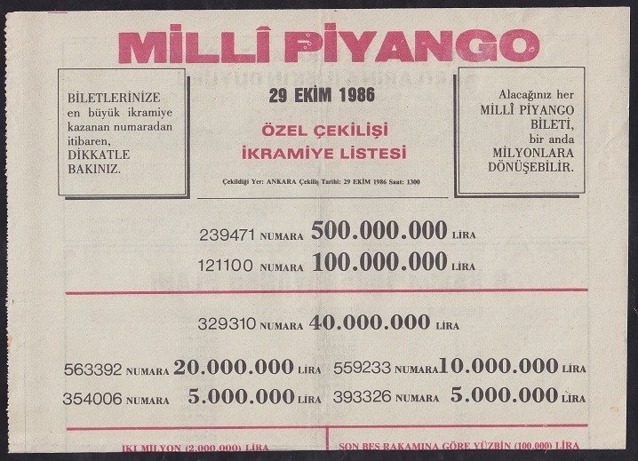 1986 29 EKİM PİYANGO LİSTESİ