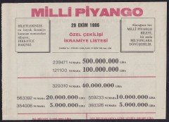1986 29 EKİM PİYANGO LİSTESİ