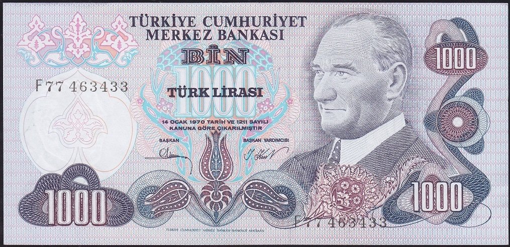 6.Emisyon 3.Tertip 1000 Lira F77 463433 Çilaltı Çil