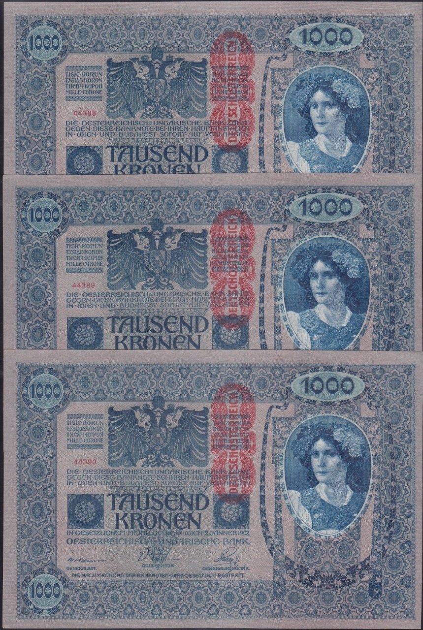 Avusturya Macaristan 1000 Korona 3 Adet Seri Takipli 1902 (1919) Çilaltı Çil