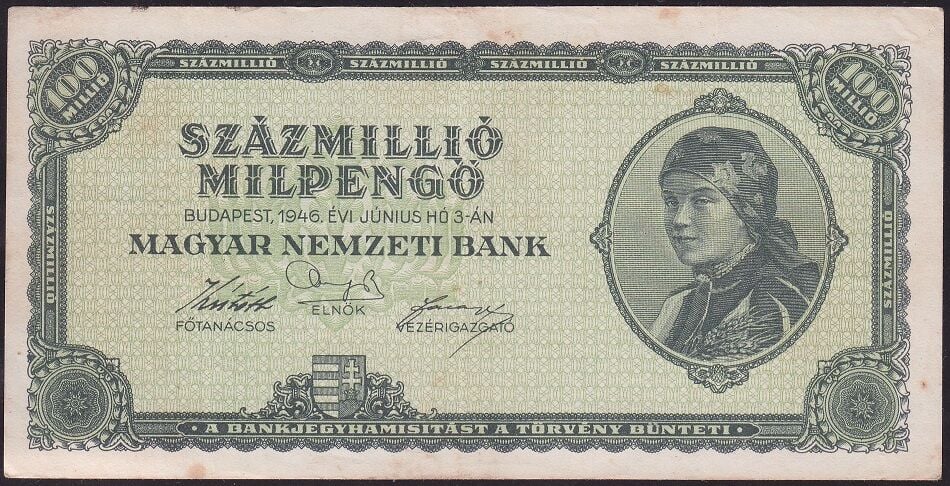 Macaristan 100000000 Mil Pengo 1946 Çok Temiz+ Pick 130