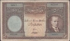1.Emisyon 50 Lira Seri 3 037109 Çok Temiz ( Orta alt ve üst bölümde küçük dolgu var )