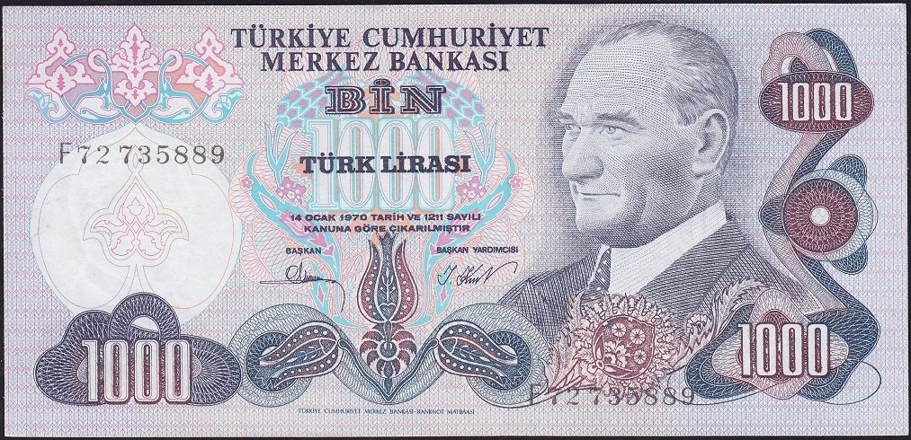 6.Emisyon 3.Tertip 1000 Lira F72 735889 Çilaltı