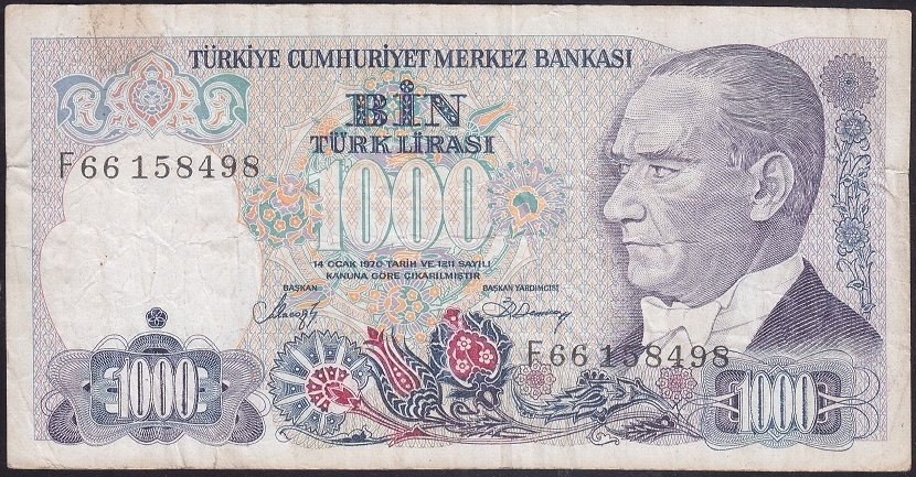 7.EMİSYON 2.TERTİP 1000 LİRA F66 158498 TEMİZ