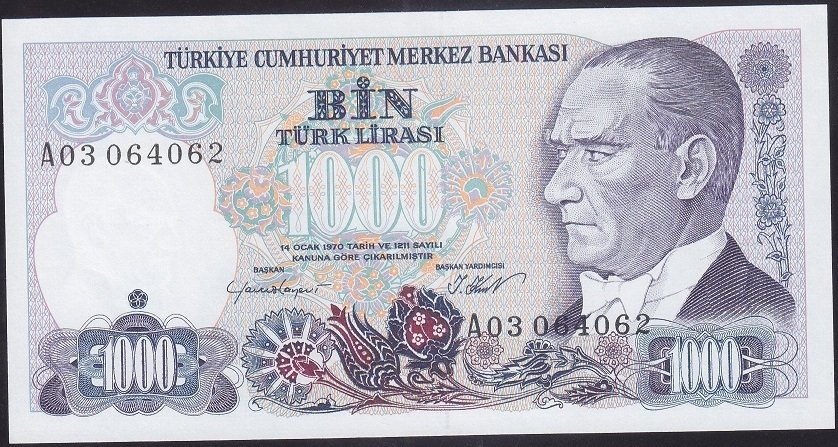7.Emisyon 1.Tertip 1000 Lira A03 064062 Çil