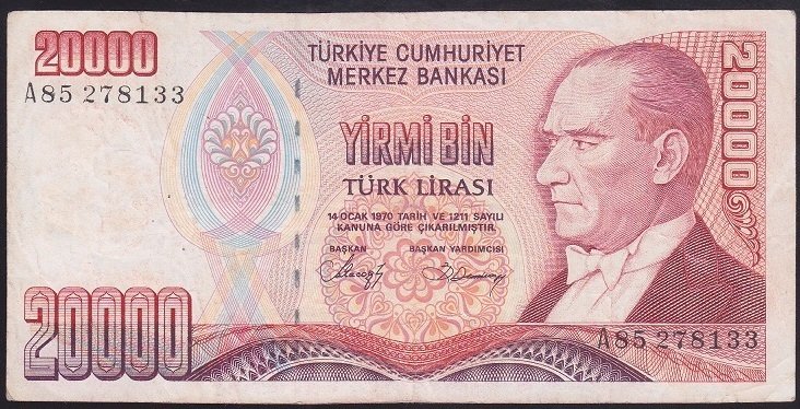 7.EMİSYON 1.TERTİP 20000 LİRA A85 278133 ÇOK TEMİZ