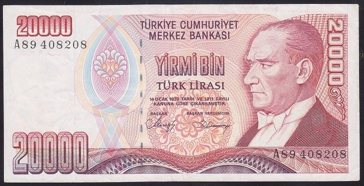 7.EMİSYON 1.TERTİP 20000 LİRA A89 408208 ÇOK TEMİZ +