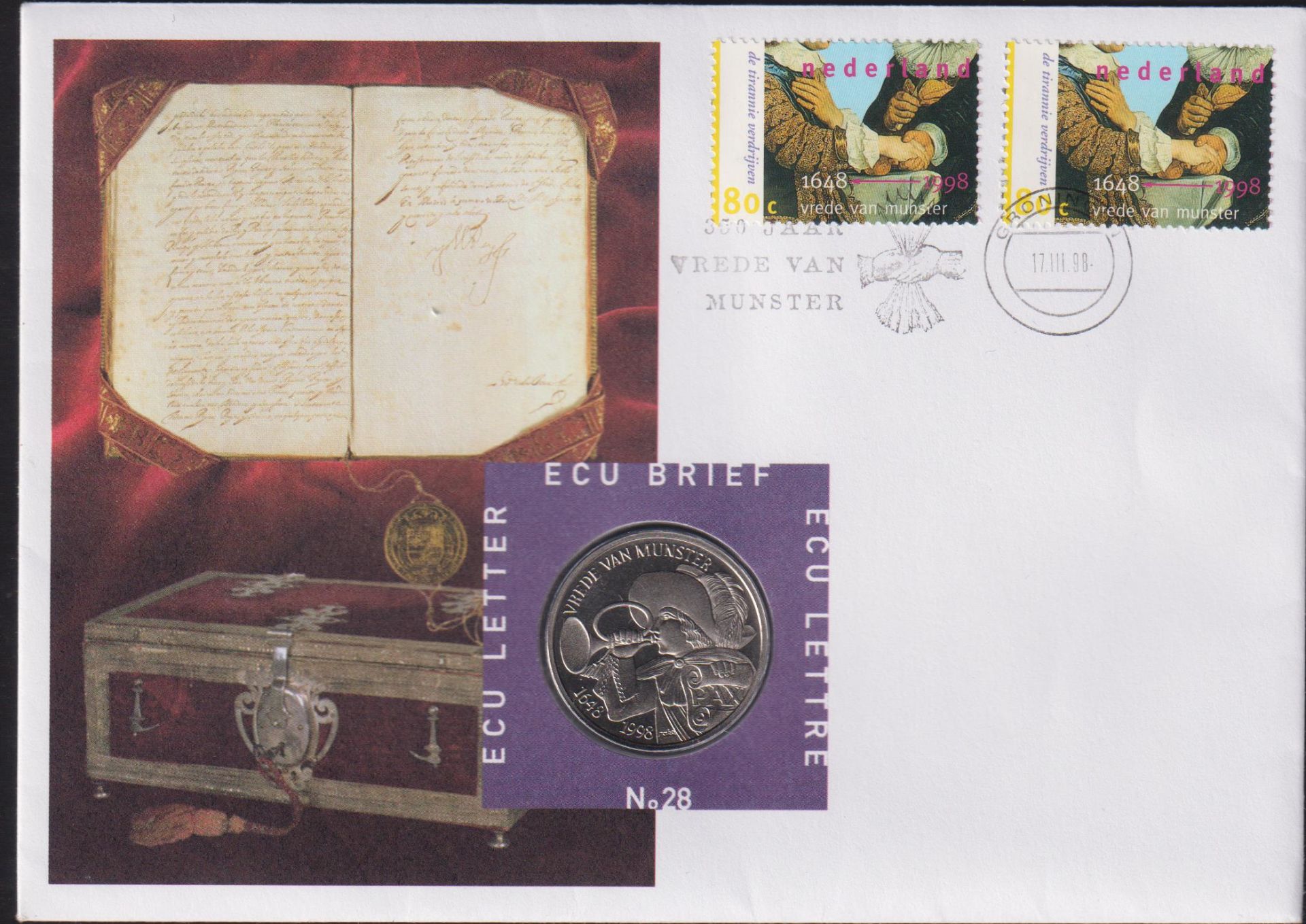 Hollanda 1 Ecu 1998 Folder Pullu ve Zarf Kapamada ( Münster Barış Antlaşması)