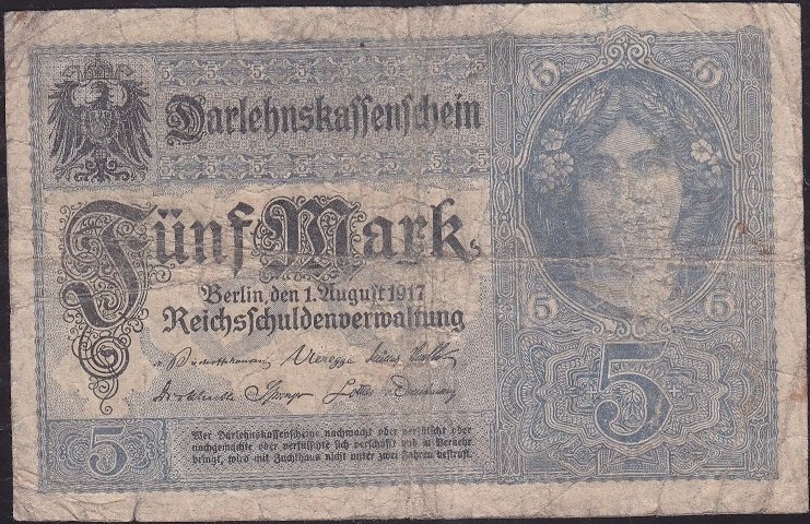 Almanya 5 Mark 1917 Temiz 8 rakamlı ( R54b )
