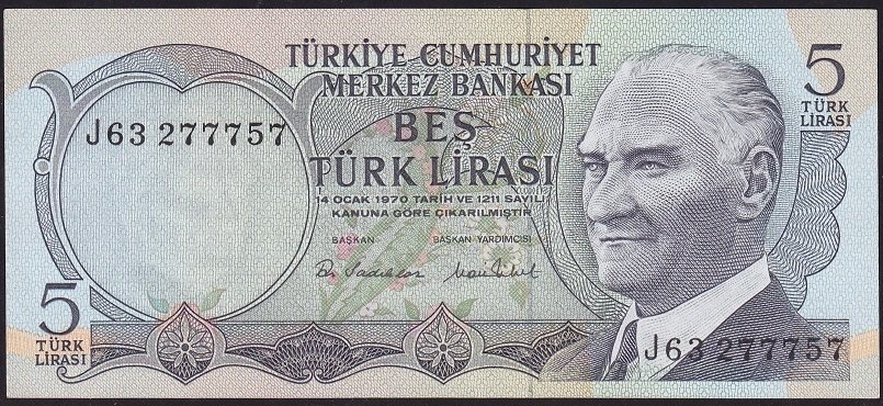 6.Emisyon 2.Tertip 5 Lira J63 277757 Çilaltı