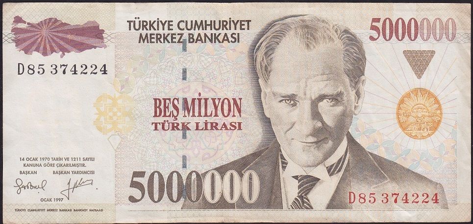 7.Emisyon 5 000 000 Lira D85 374224 Çok Temiz+