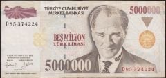 7.Emisyon 5 000 000 Lira D85 374224 Çok Temiz+