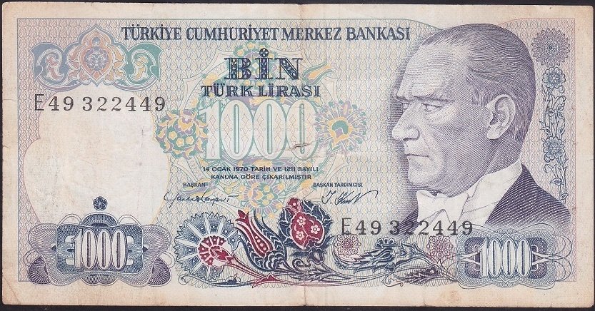 7.EMİSYON 1.TERTİP 1000 LİRA E49 322449 TEMİZ