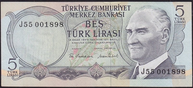 6.Emisyon 2.Tertip 5 Lira J55 001898 Ççt Çilaltı