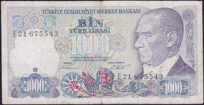 7.EMİSYON 1.TERTİP 1000 LİRA E21 675543 HALİYLE