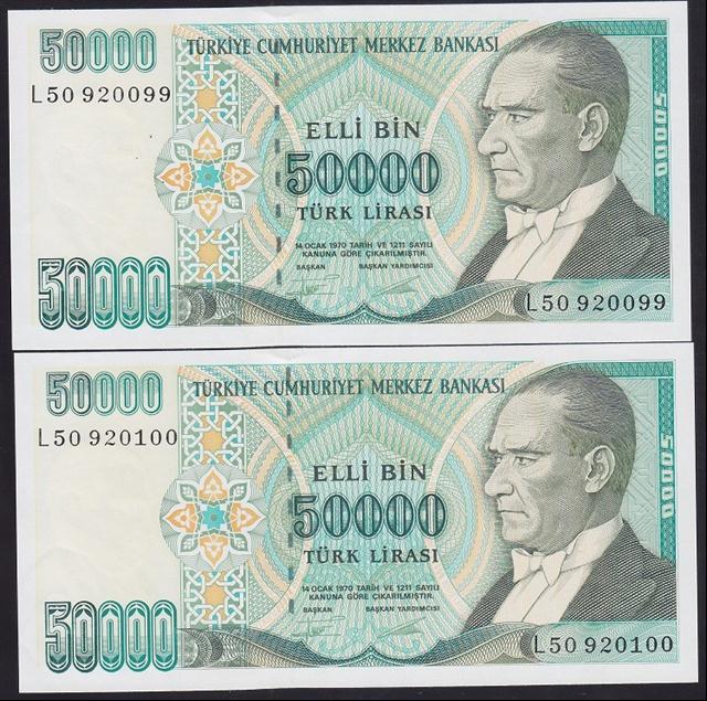 7.EMİSYON 2.TERTİP 50000 LİRA L50 920099 - 100 SERİ TAKİPLİ 2 ADET ÇİL
