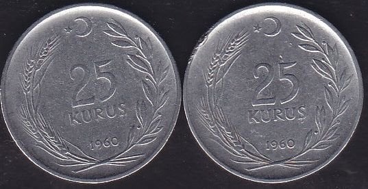 1960 Yılı 25 Kuruş (Ters Düz Takım)