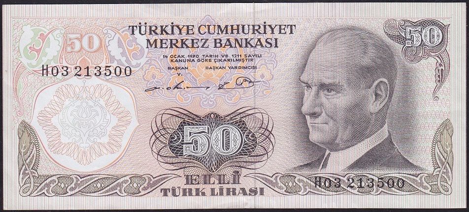 6.Emisyon 1.Tertip 50 Lira H03 213500 Çok Temiz+