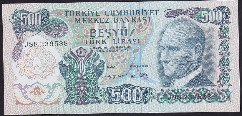 6.EMİSYON 2.TERTİP 500 LİRA J88 239588 ÇİLALTI ÇİL