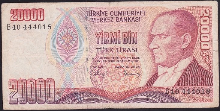7.EMİSYON 1.TERTİP 20000 LİRA B40 444018 TEMİZ