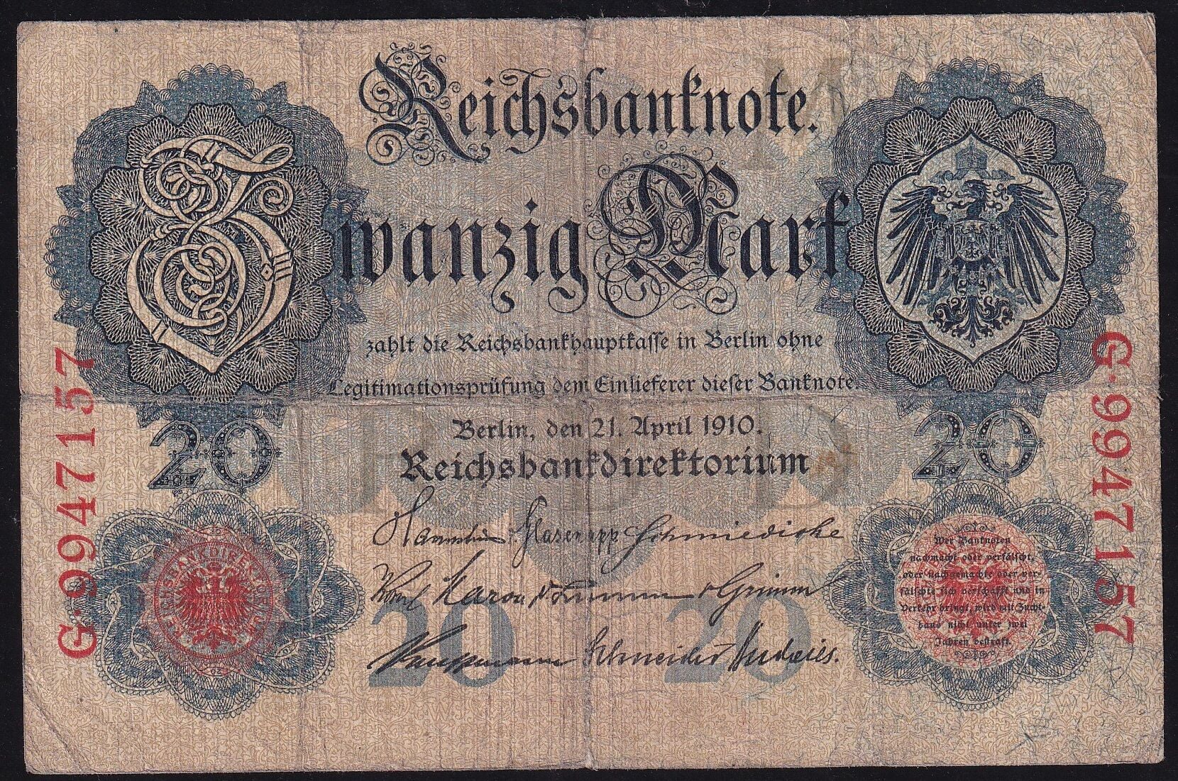 Almanya 20 Mark 1910 Çok Temiz