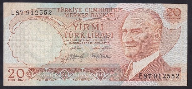 6.EMİSYON 3.TERTİP 20 LİRA E87 912552 ÇOK TEMİZ +