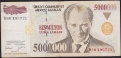 7.Emisyon 5 000 000 Lira D80 190721 Çok Temiz
