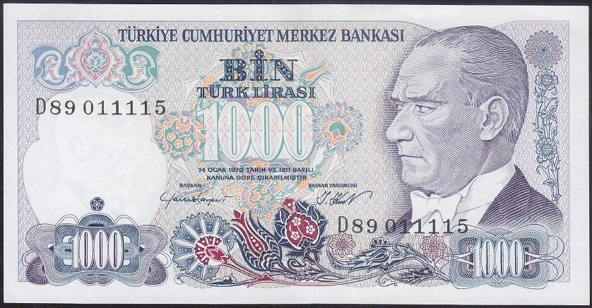 7.EMİSYON 1.TERTİP 1000 LİRA D89 011115 ÇİLALTI eski para alan yerler