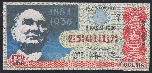 1986 9 KASIM YARIM BİLET Y SERİSİ